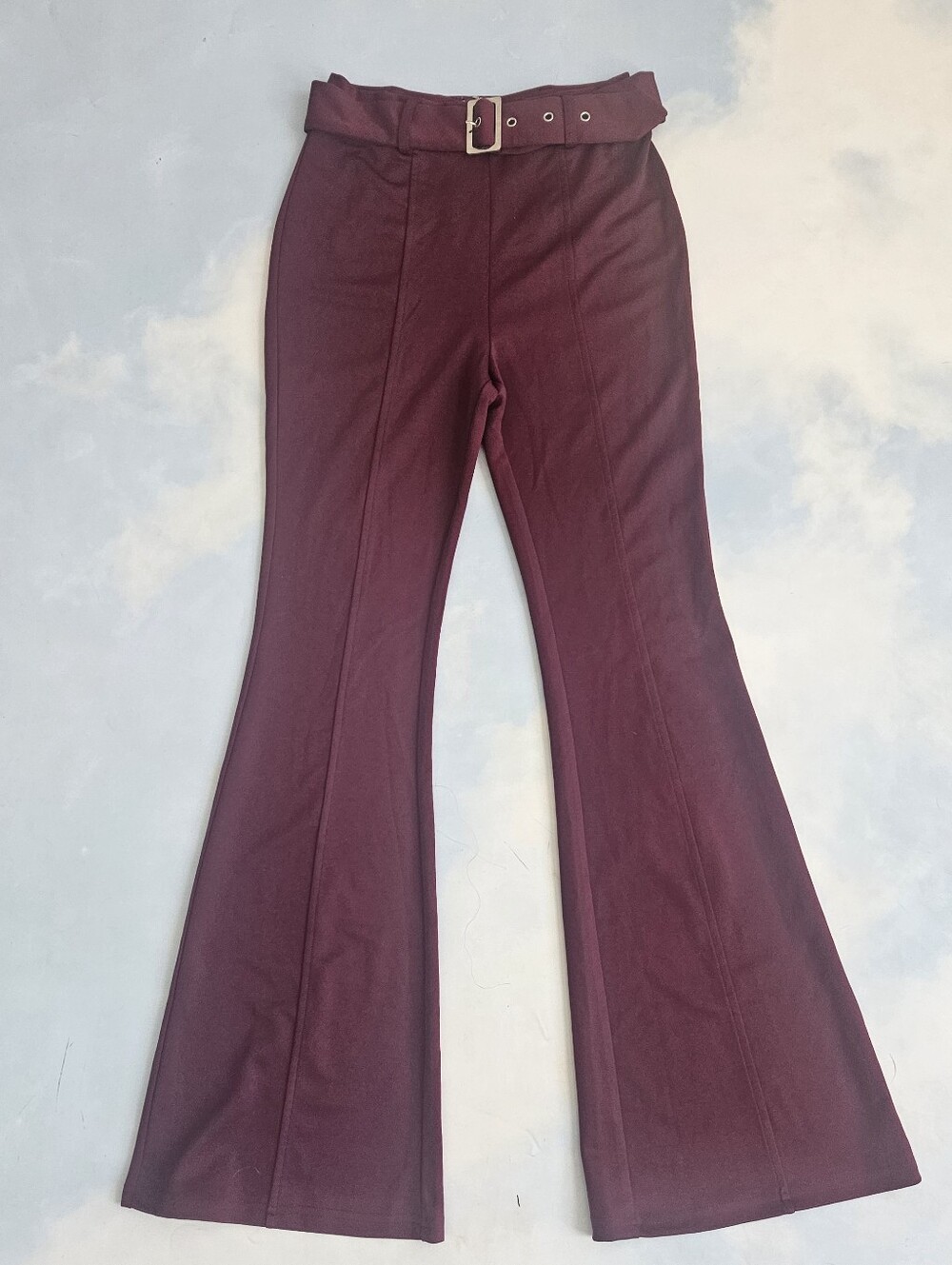High-Waist Flared Pants with Belt in Burgundy Ponte Knit Flare Dress Pants